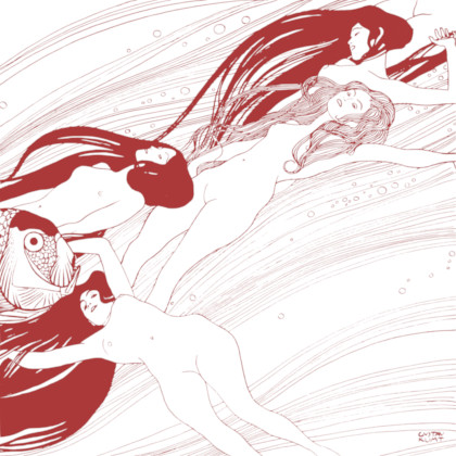 Originally an illustration 'Fish blood' by Gustav Klimt. Art Nouveau dark red and white drawing of 4 naked women with long hair floating in flowing water with a fish.