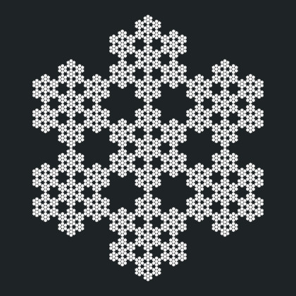 Koch Snowflake. A fractal curve based on a curve described by Helge von Koch.
				 Equilateral triangles with smaller outward equilateral triangles in each side. The resulting figure resembles one possible structure of a snowflake.