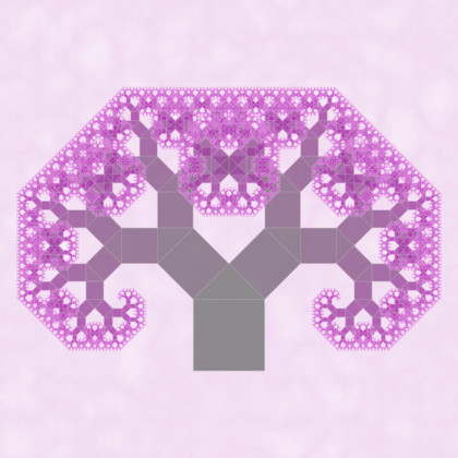 A fractal tree. Dark to lighter purple and large to smaller size squares arranged to a tree like figure.