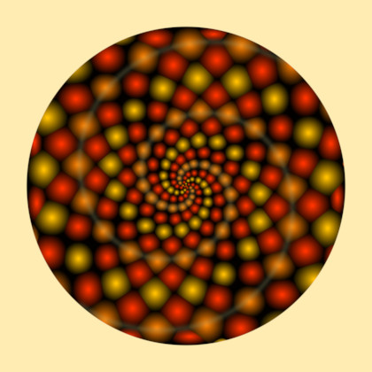 A Voronoi diagram in which the cells are colored orange and yellow with gradients making them look like colored pebbles arranged in spirals.