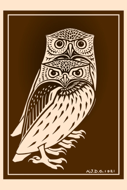 Two owls. Originally a woodcut by Julie de Graag. Art-nouveau style image of two owls. White lines on a dark-brown background.