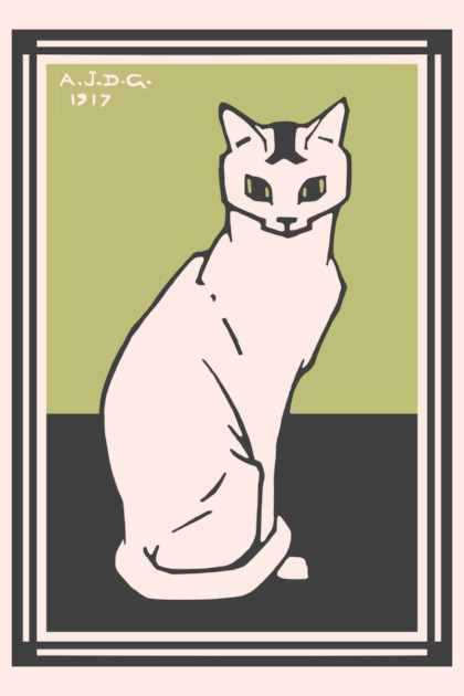 Sitting cat. Originally a woodcut by Julie de Graag. Art-nouveau style image of a cat. Black lines and a light-green background.
